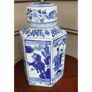 Vintage Blue and White Hexagon Ginger Jar with Dragon, Flowers, Scenery, People